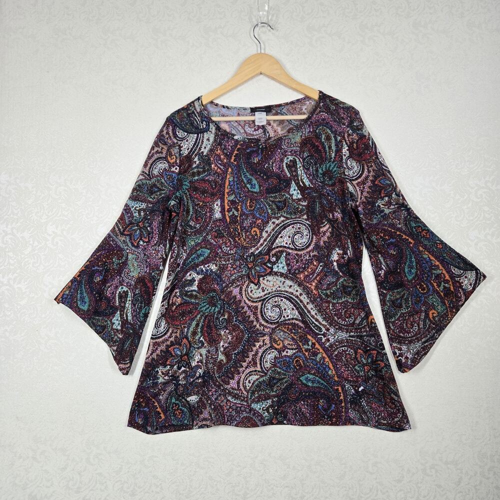 Cocomo Top L Paisley Multicolor Metallic Shimmer Knit Flowy Bell Sleeve Boho - Picture 12 of 12